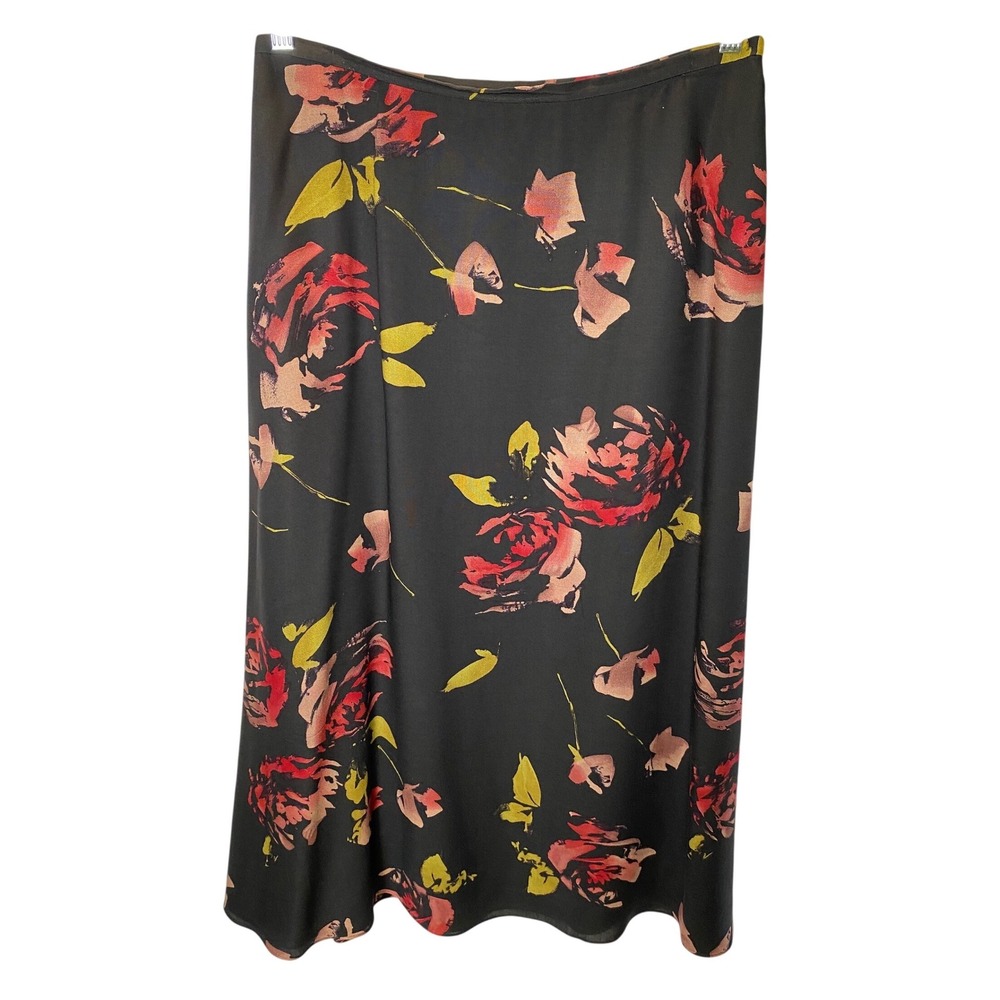 Vintage Dana Buchman Floral Midi Skirt Womens 12 Black Silk Wool Blend Elegant